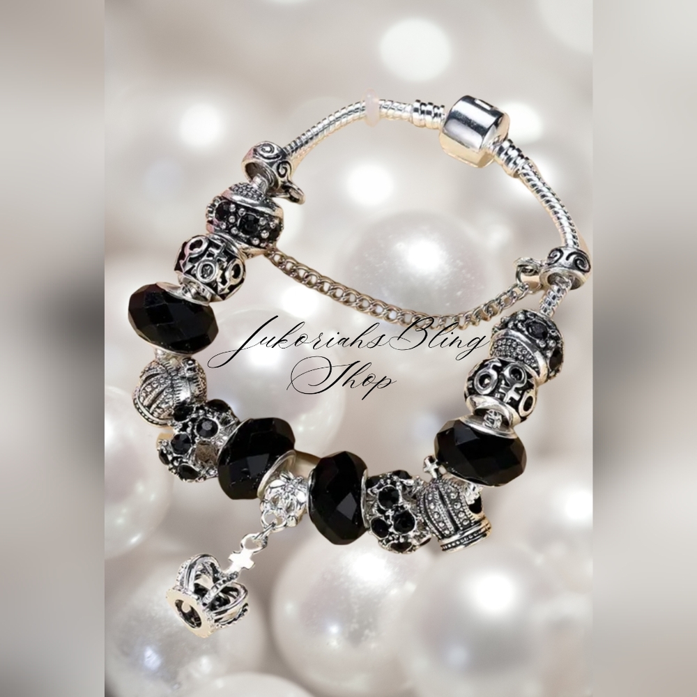 Vintage Black Crown Charm Bracelet